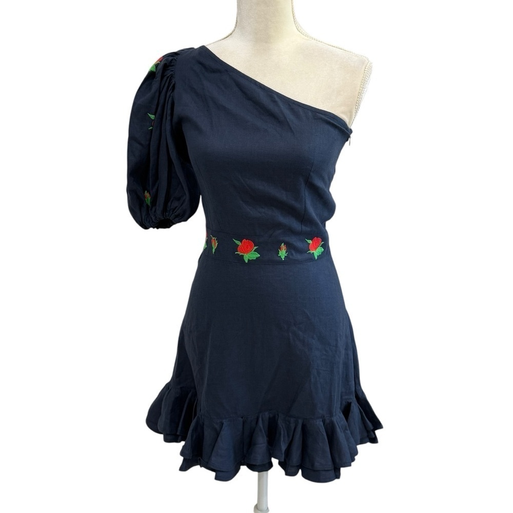 Fanm Mon Navy Flame Linen One Sleeve Ruffle Hem Floral Embroidery Mini Dress NWT - Picture 3 of 15